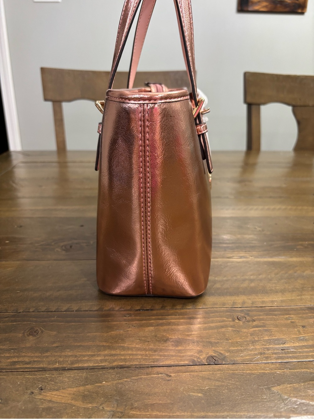 Michael Kors Jet Set Travel Extra-Small Rose Gold Metallic Zip-Top Tote - Picture 2 of 10